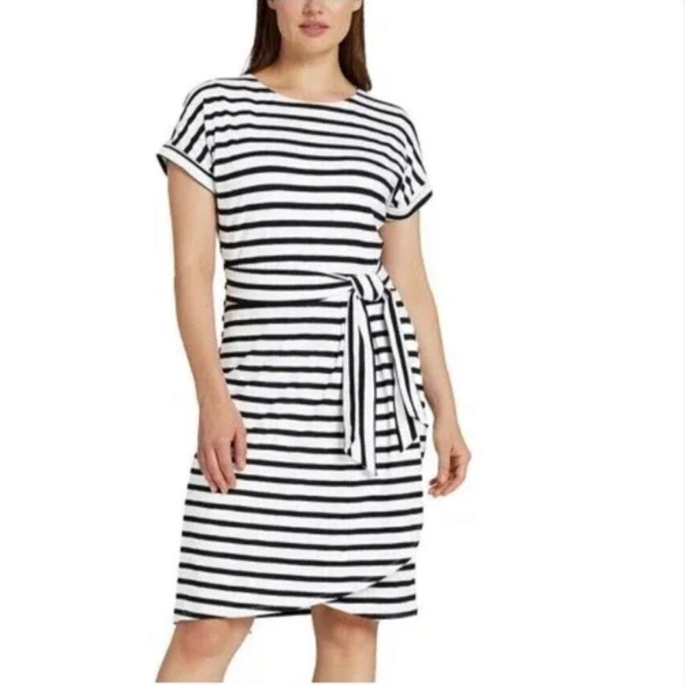 CHAPS Women's Crewneck Stretch Knit Dress Sash Belt Black White Stripe Size XL